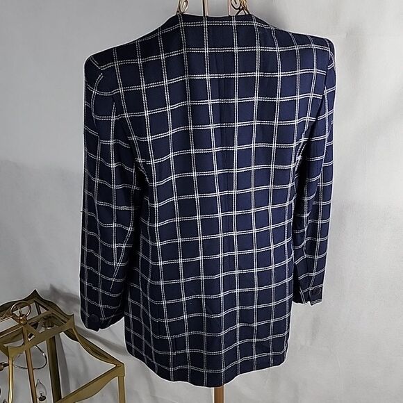 Vintage Jones New York Size 8 Checkered Navy Blue Double Breasted Jacket Blazer - Picture 5 of 7